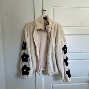 Cream Fleece Jacket with Black Floral Accents